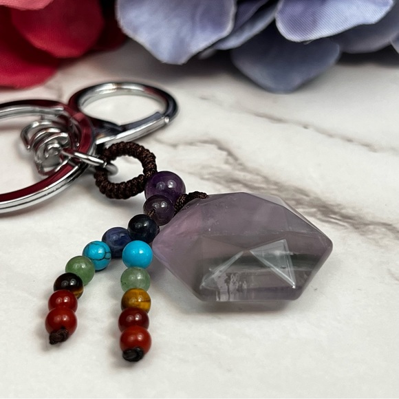 Natural Amethyst Hexagon Stone with Rainbow Chakra Keychain Charm - Picture 11 of 16